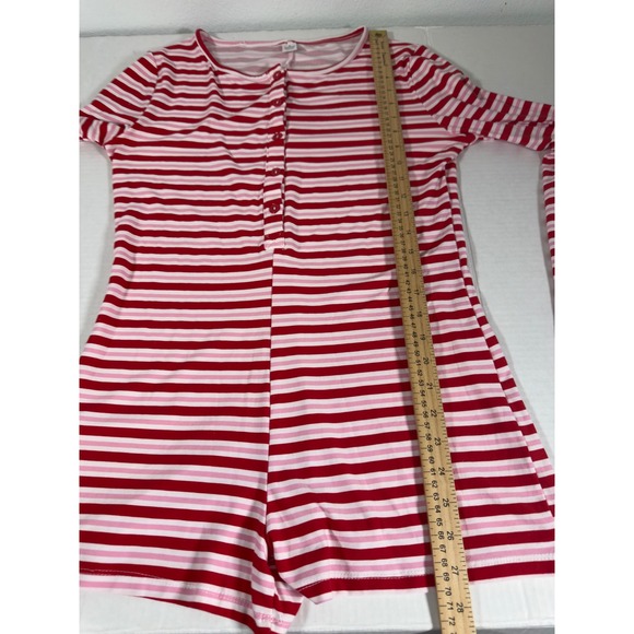 Womens Pajama Romper Long Sleeve Striped Red Pink Button Up Sleepwear Size M - Picture 6 of 7
